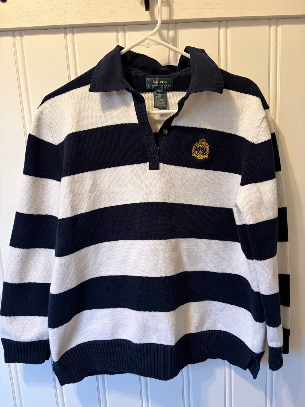 Lauren Ralph Lauren Women’s XL Navy White Striped Rugby Sweater Nautical Crest - Picture 2 of 8